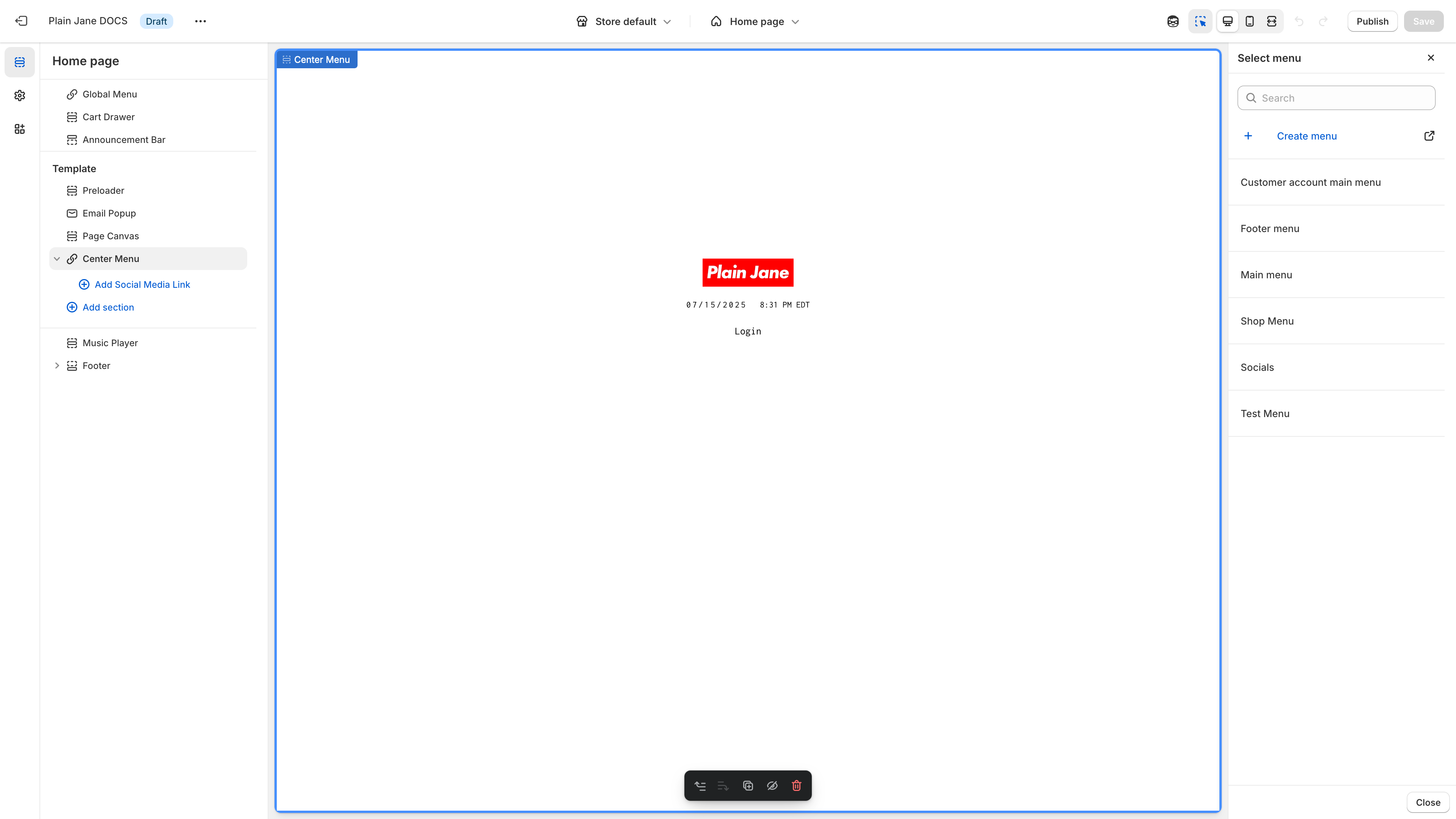 Center Menu dropdown selection