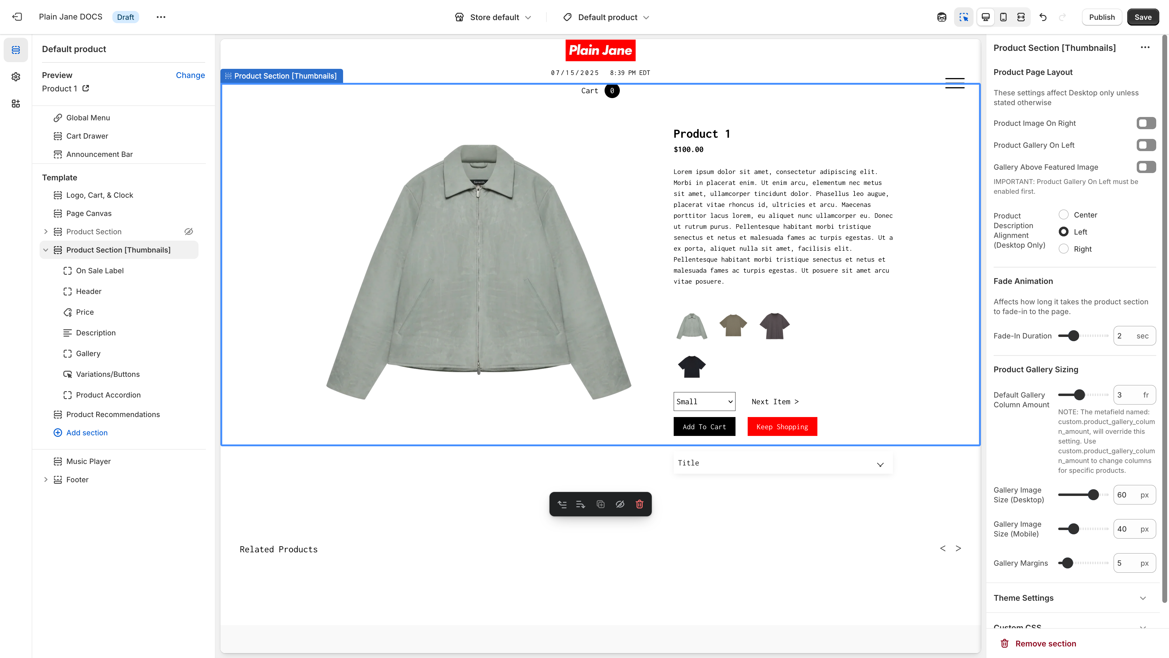 Product Section 2 (Thumbnail) settings