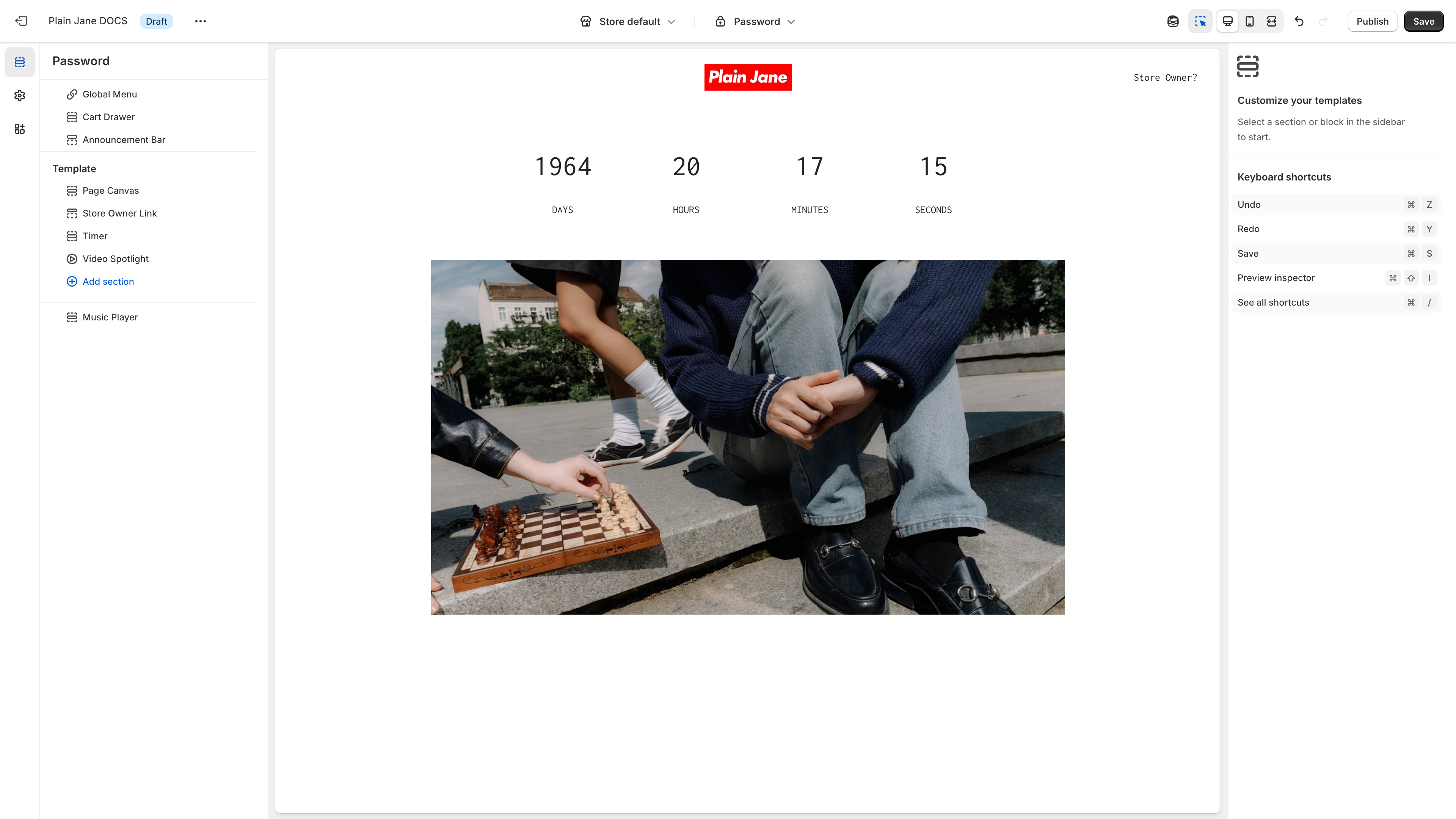 Password page template in theme customizer