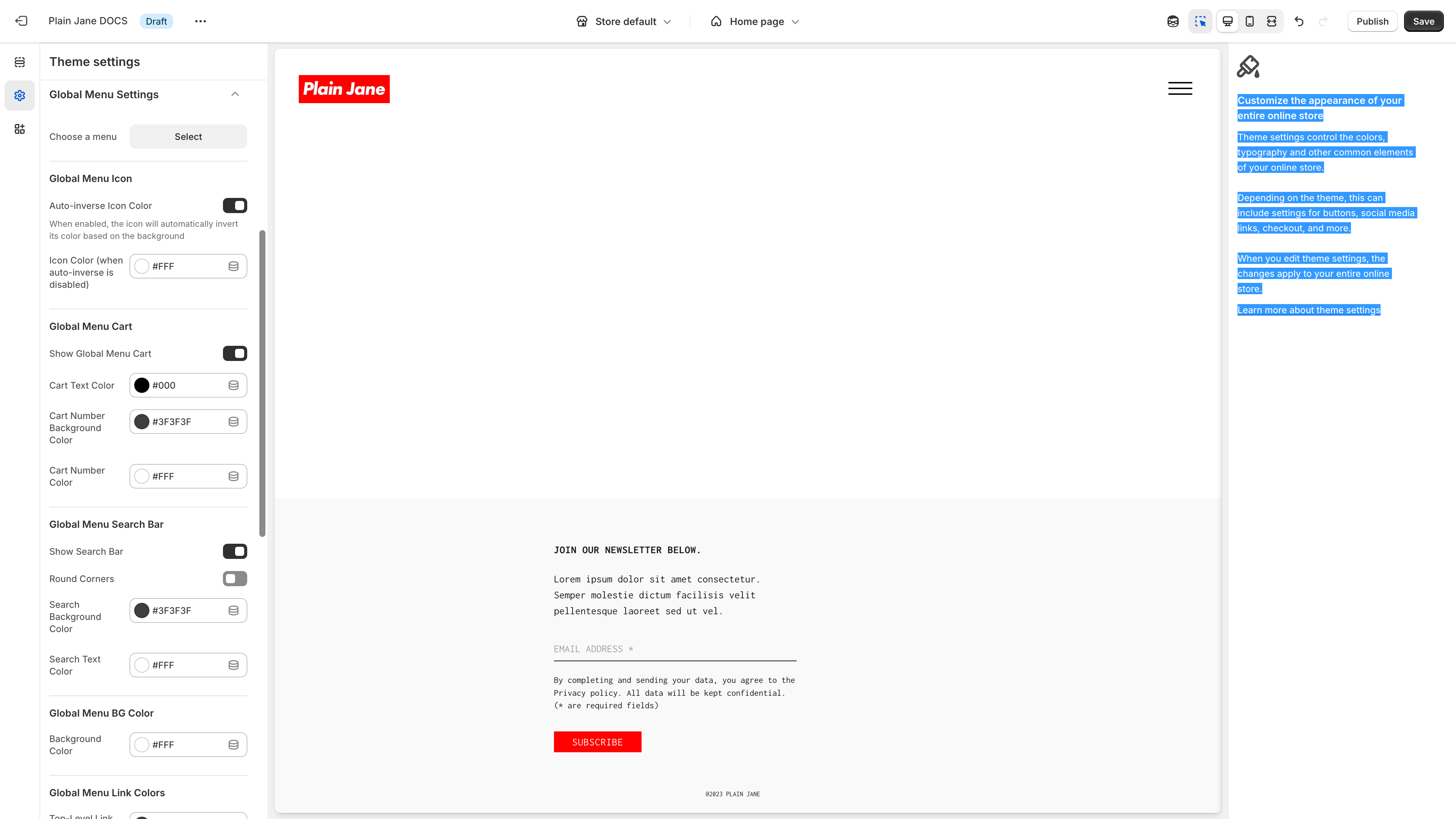 Global Menu Settings in Theme Settings