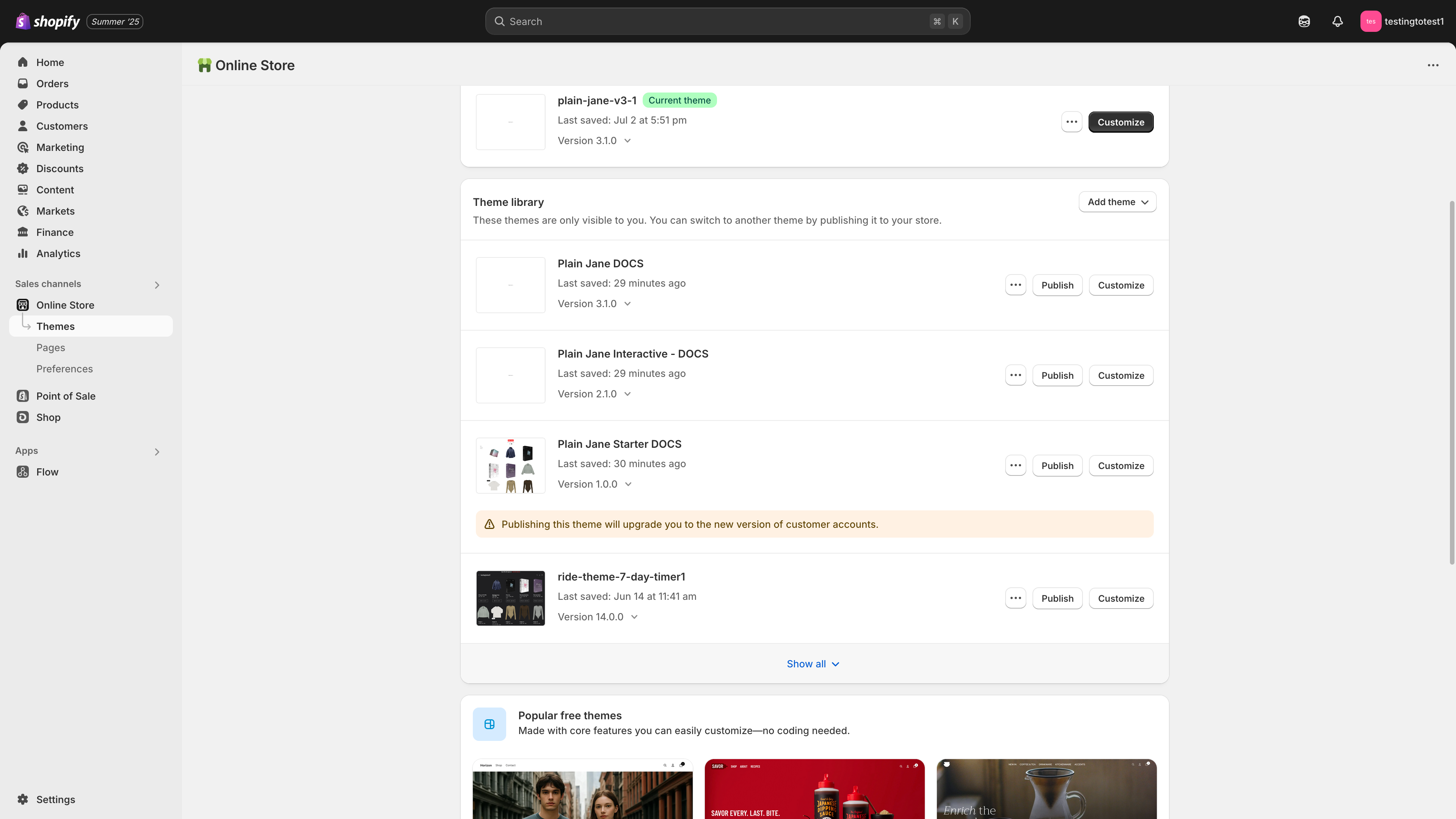 Shopify Themes main page showing theme library