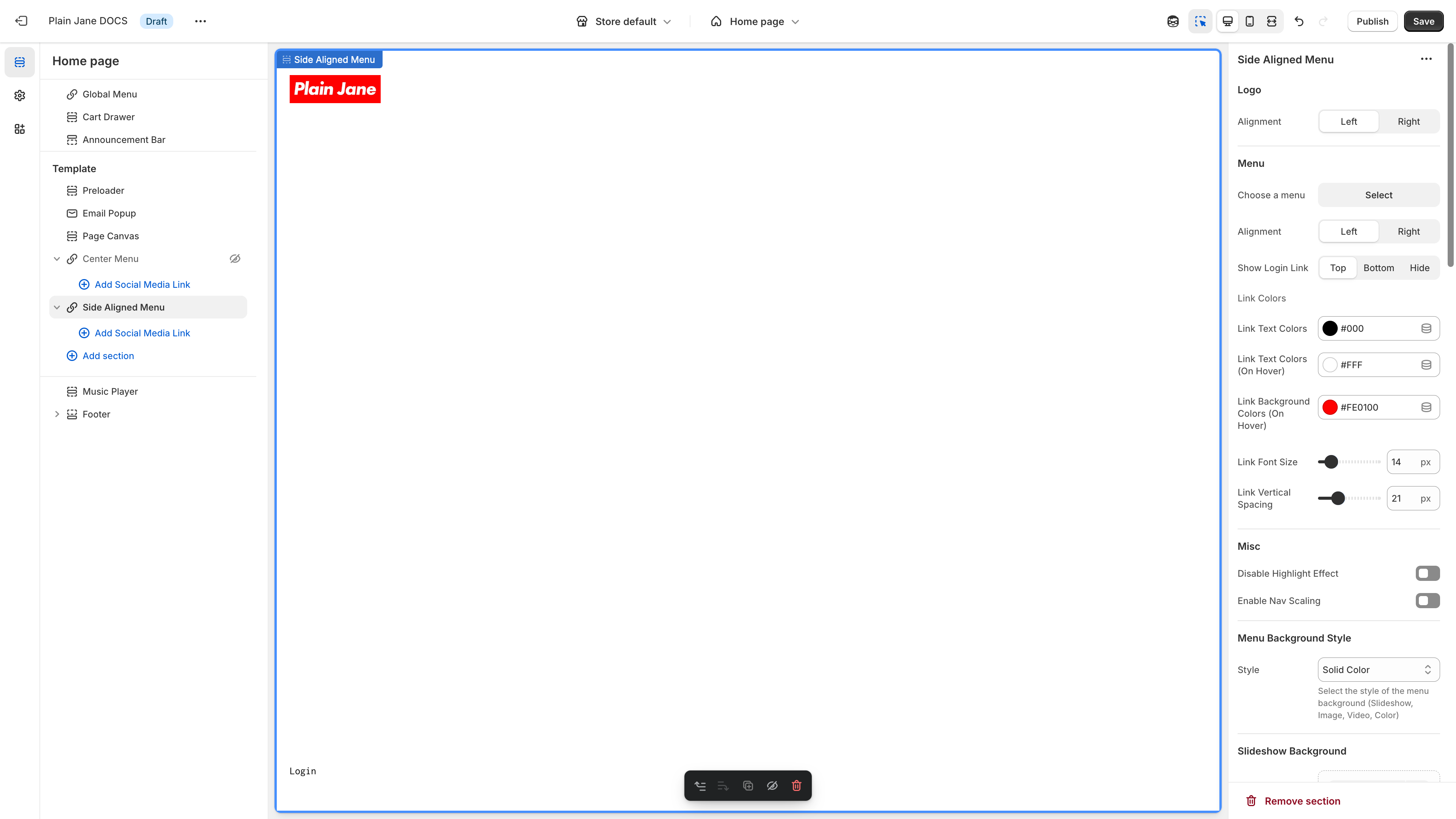 Side Aligned Menu settings